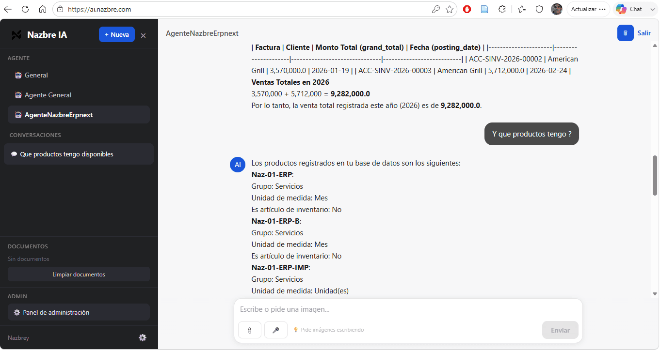 Conversación con el Agente IA conectado a ERPNext